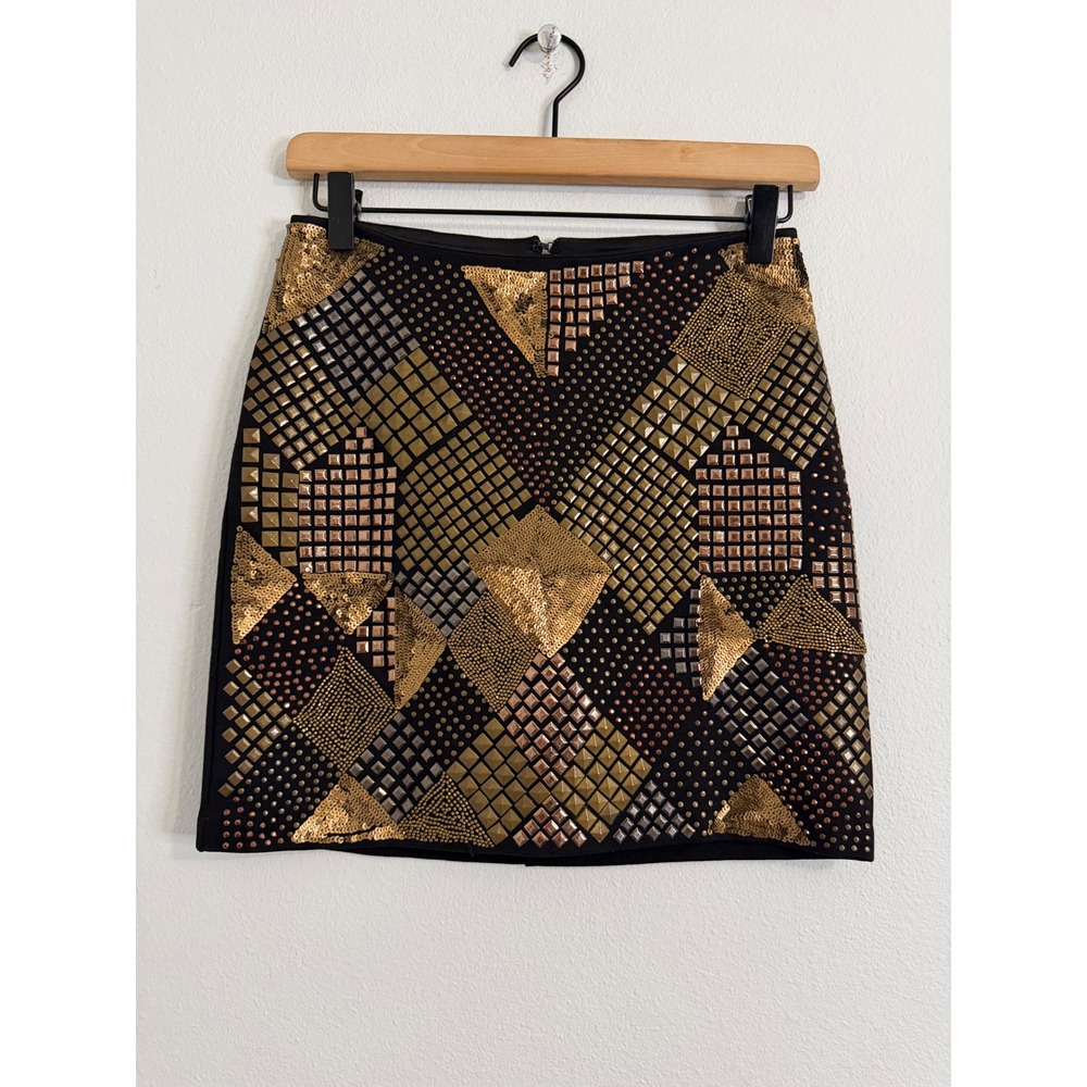 Guess - Black and Gold/Bronze Stud and Sequin Embellished Mini Skirt Size Small